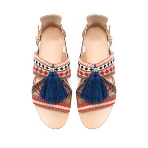 Zara tan/brown leather strappy blue tassel flat sandals, women’s EUR 37 / US 6.5